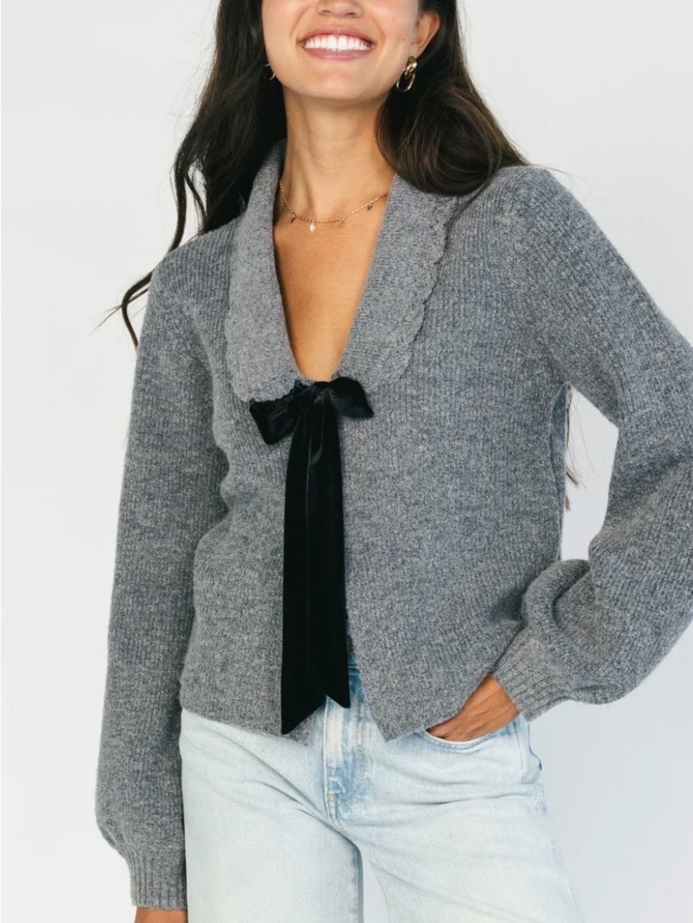 WAYF charcoal V-Neck Bow Detail Women's Sweater